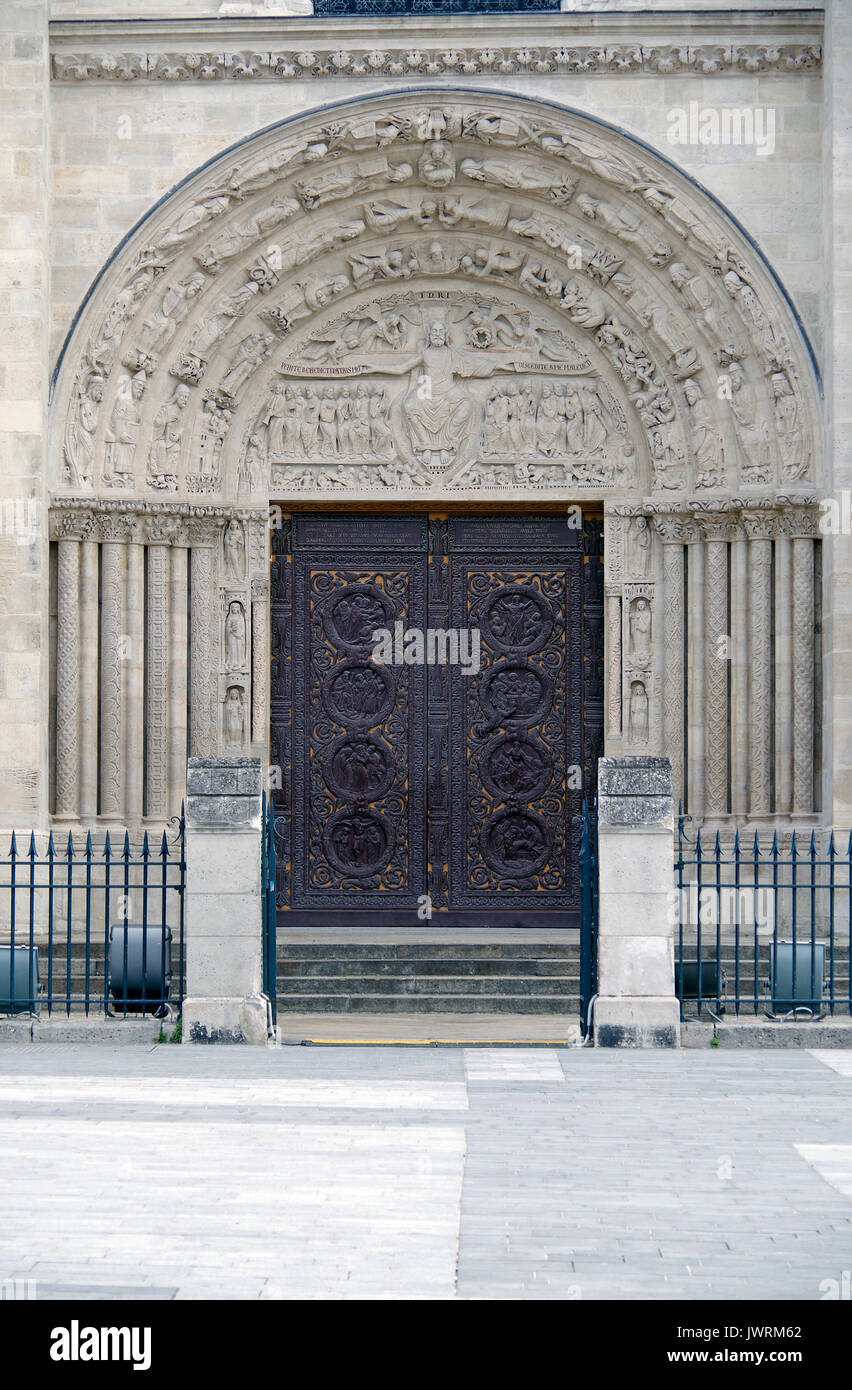 Detail of the west door of the Basilica of Saint Denis, medieval abbey church in the city of Saint-Denis, Paris, France, Stock Photo