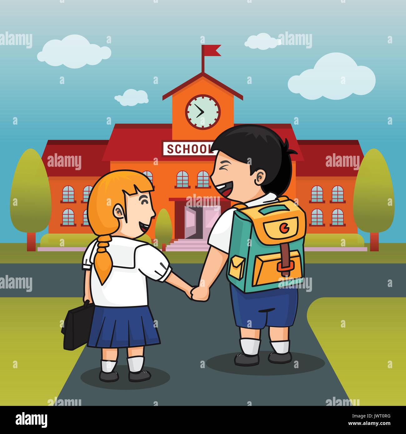 2 students hold them hands walking to school together. children back to  school. Vector illustration Stock Vector Image & Art - Alamy