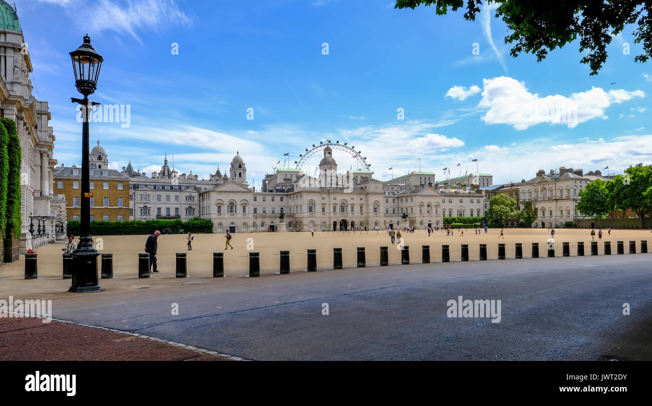 Horseguard's Parade, London, UK - July 21, 2017: wide angle view of Horseguard's Parade ground,  tourists wandering around on a bright sunny summer Stock Photo