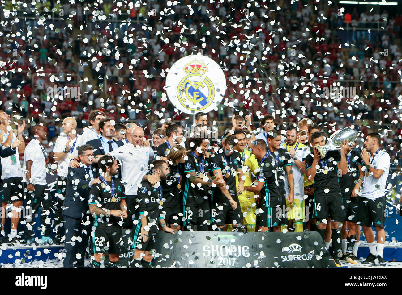 Skopje, FYROM - August 8,2017: Real Madrid celebrate with the trophy after defeating Manchester United 2-1 during the Super Cup final soccer match at  Stock Photo