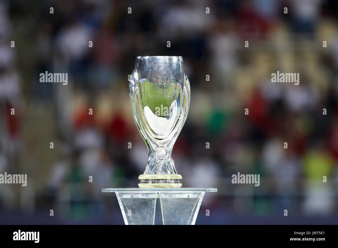 Skopje, FYROM - August 8,2017: Real Madrid celebrate with the trophy after defeating Manchester United 2-1 during the Super Cup final soccer match at  Stock Photo