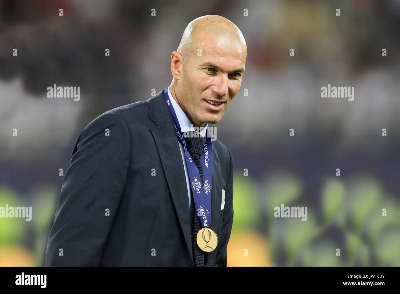 Skopje, FYROM - August 8,2017: Real Madrid's coach Zinedine Zidane during the Super Cup final soccer match between Real Madrid and Manchester United a Stock Photo
