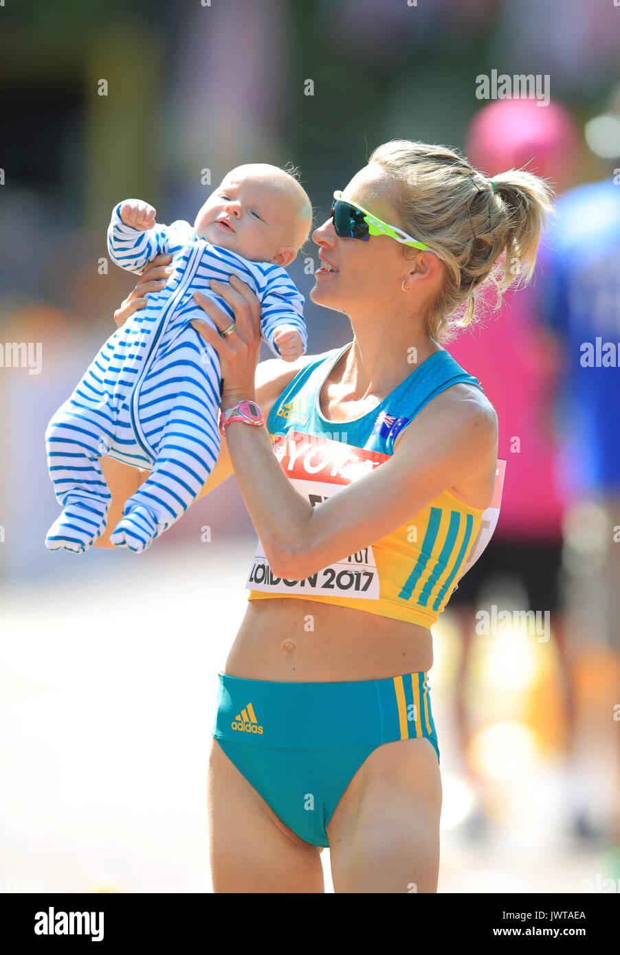 Australia's Claire Tallent with her son Harvey after finishing 43rd in the Women's 20km Race Walk during day ten of the 2017 IAAF World Championships at the London Stadium. Picture date: Sunday August 13, 2017. See PA story ATHLETICS World. Photo credit should read: John Walton/PA Wire. Stock Photo