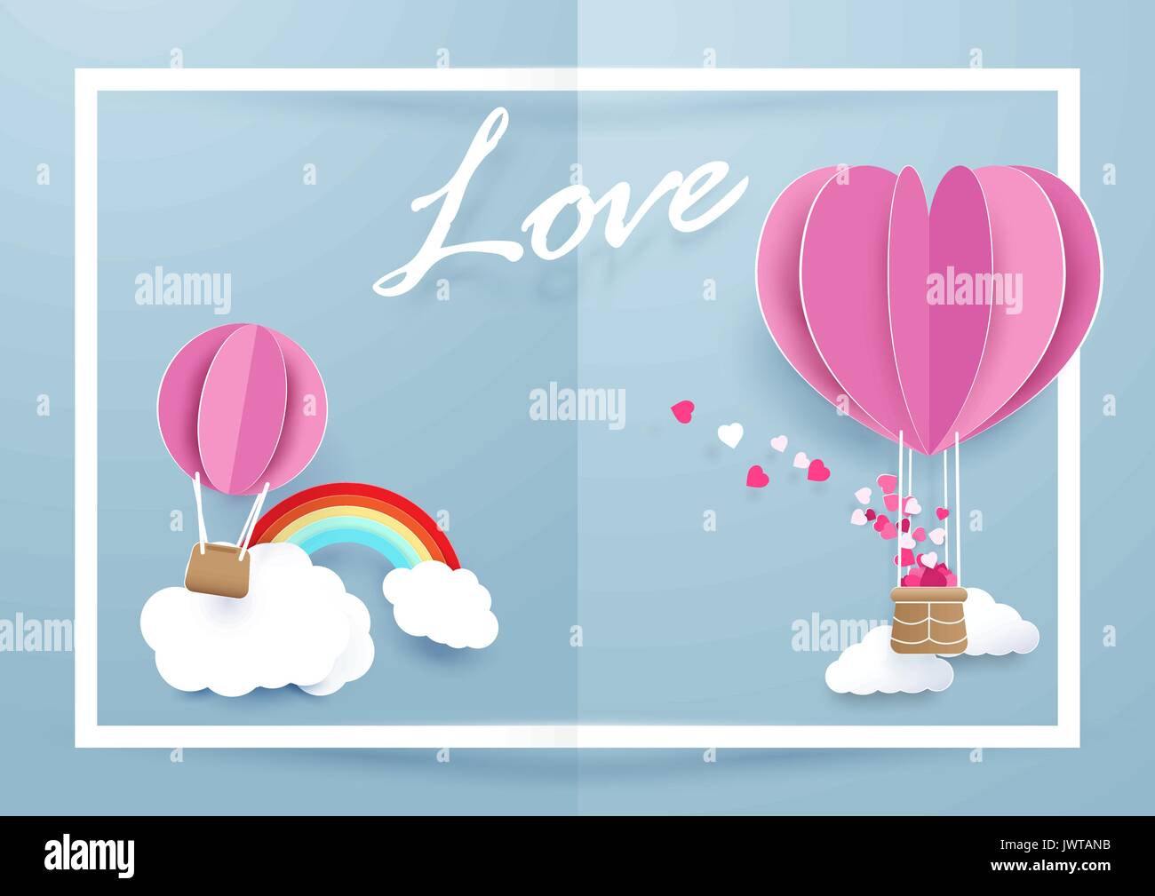 Heart shape balloons flying over clouds and rainbow in white frame ...