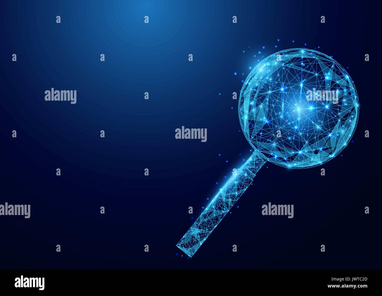 Low polygon Magnifying wireframe mesh on blue background Stock Vector