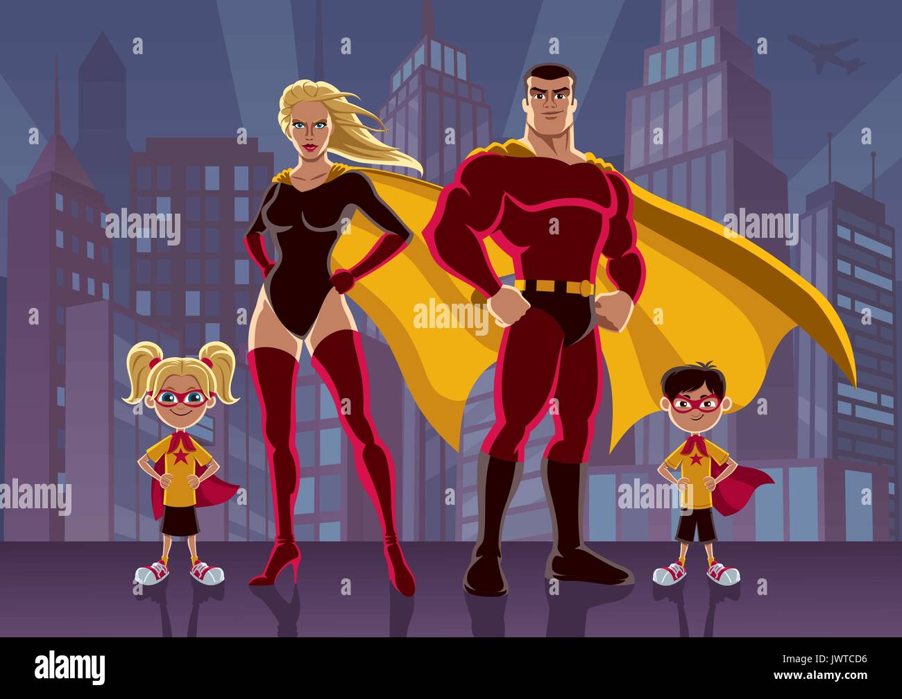 Set of superhero parents. Strong and brave super mom and dad in
