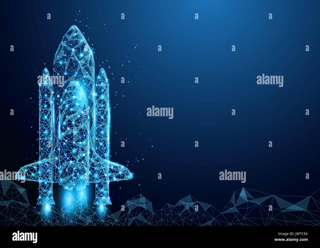 Wireframe space rocket launch sign mesh from a starry and start up concept background Stock Vector