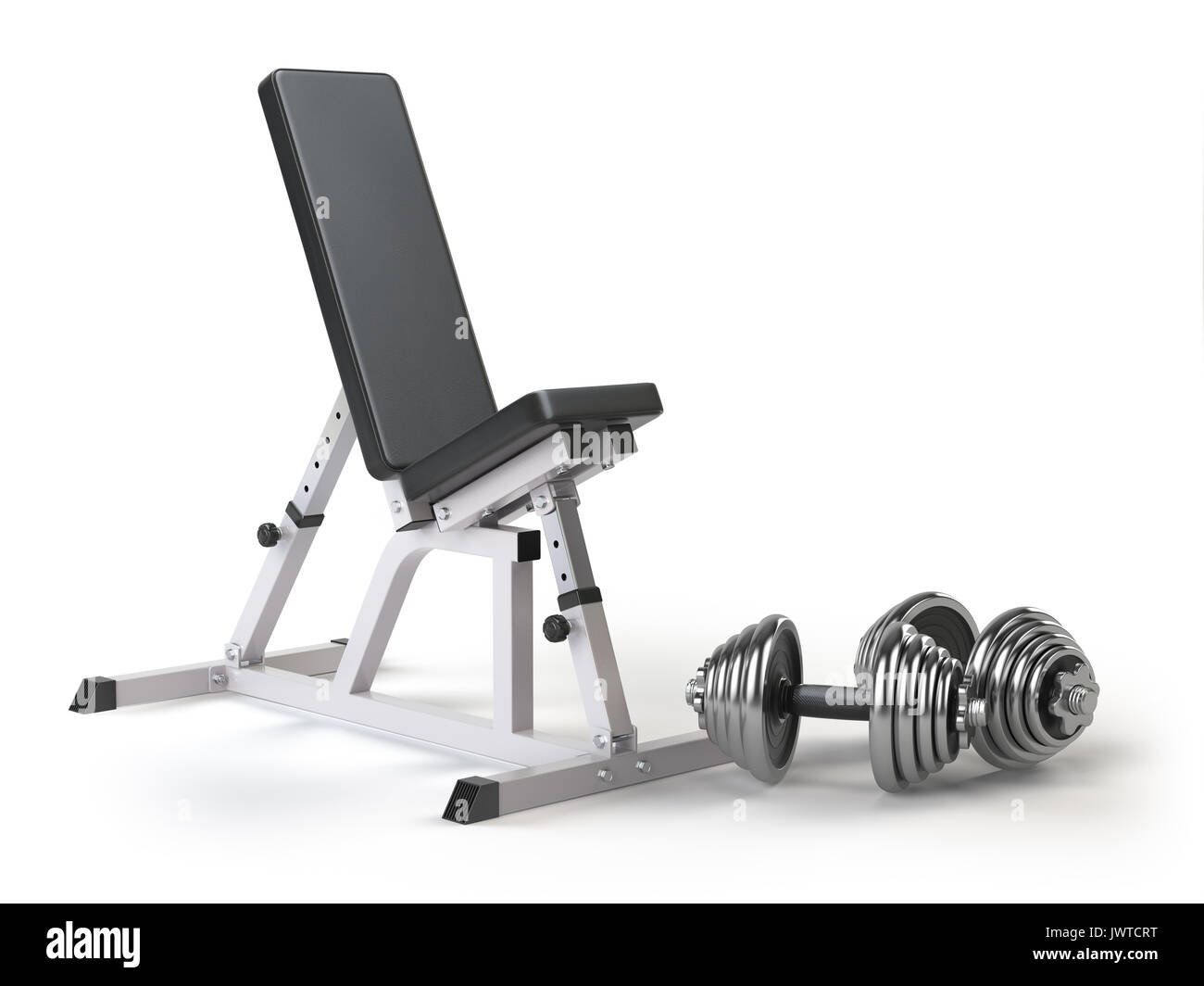 Barbell bench with weight dumbbells isolated on white. 3d illustration