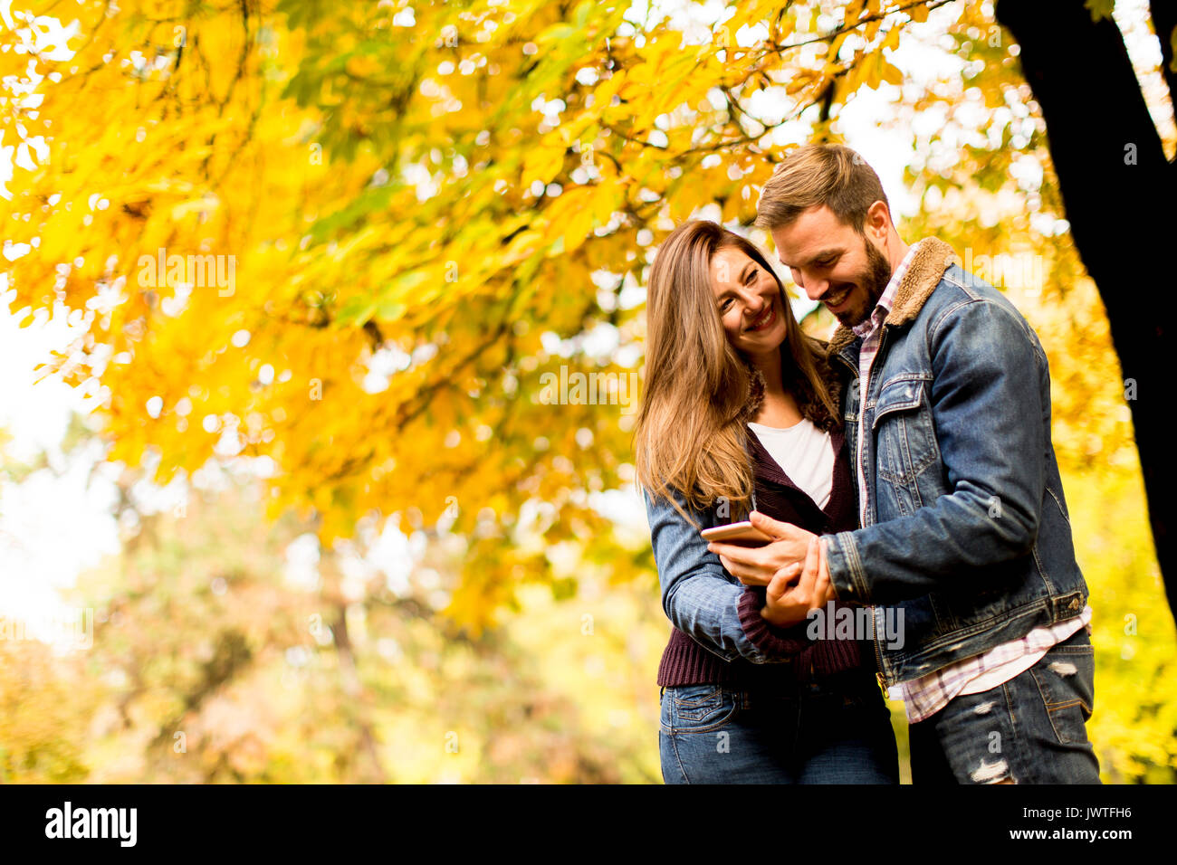 View at smiling couple hugging in autumn park and having fun Stock ...