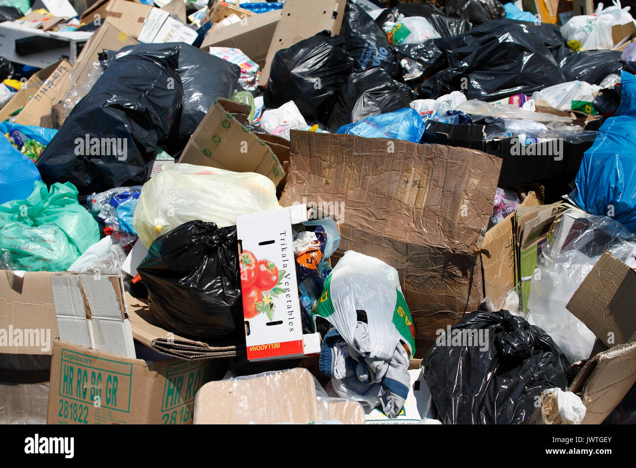 Overflowing bins in Corfu. Not a strike as such, but residents of the main landfill site in Corfu have blockaded the entrance as the site itself is ov Stock Photo