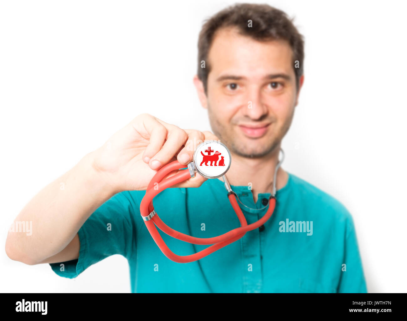 Professional veterinary doctor holding stethoscope , main focus on the