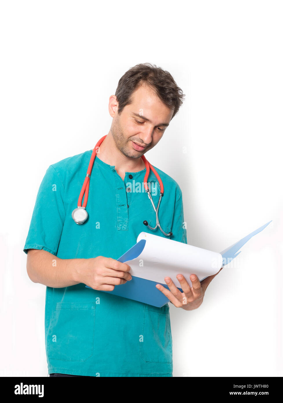 Doctor holding medical records isolated on white background Stock Photo