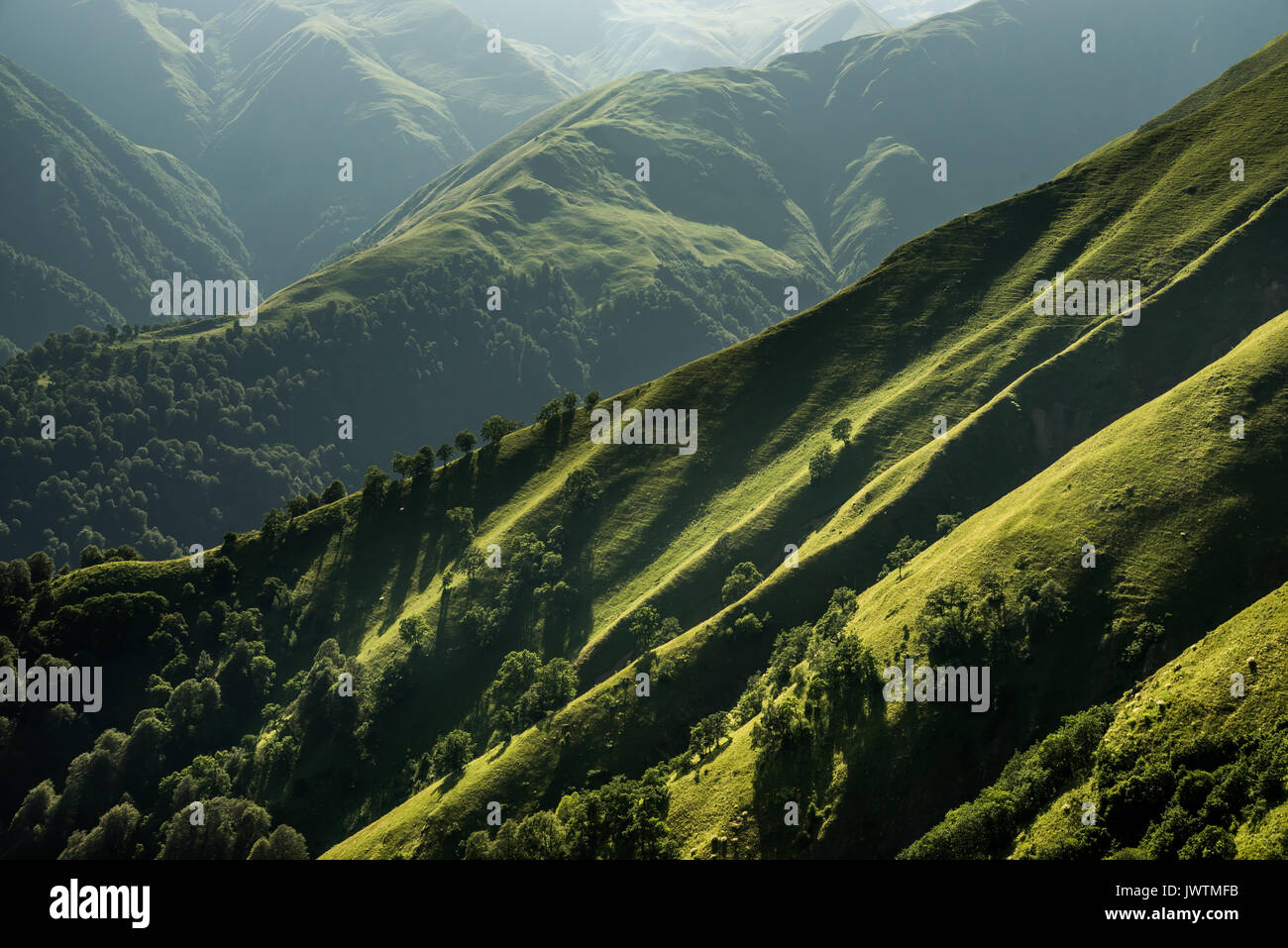 Scenery with old traditional stone towers and houses in rural village Ushguli. Mountain valley with green pastures, Svaneti region, Caucasus, Georgia Stock Photo