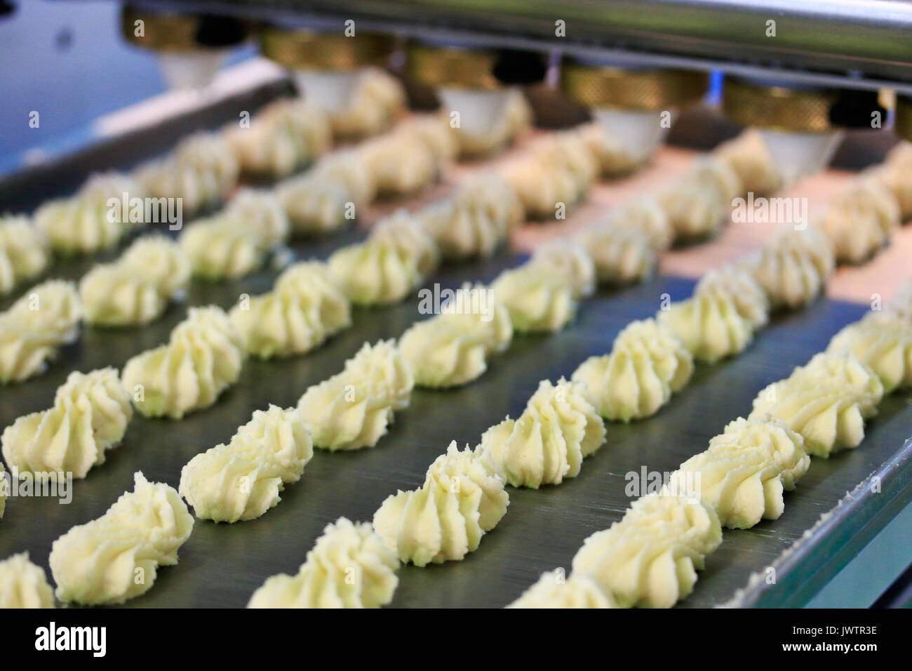Automated biscuit cookies production process. Conveyor transfers the ...
