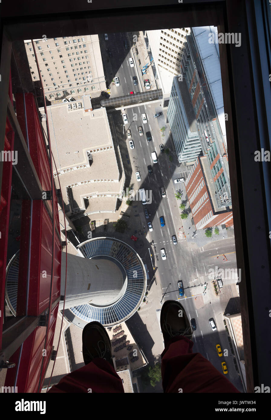 The View Straight Down Through The Glass Floor From The Viewing Platform of The Calgary Tower to The Street Below in Calgary Alberta Canada Stock Photo