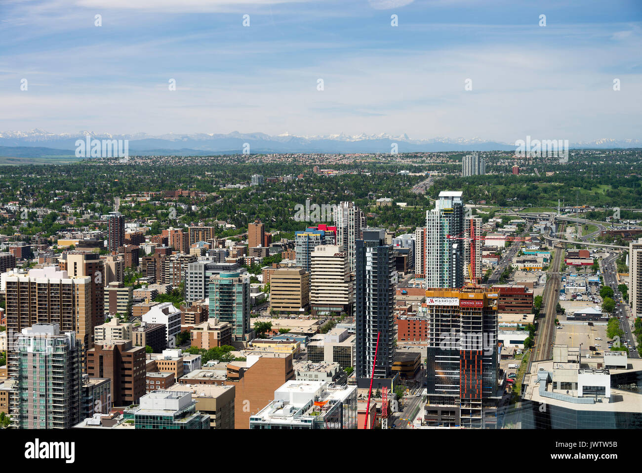 The Aerial View Of Part of Downtown Calgary Towards The Rocky Mountains From Calgary Tower Alberta Canada Stock Photo