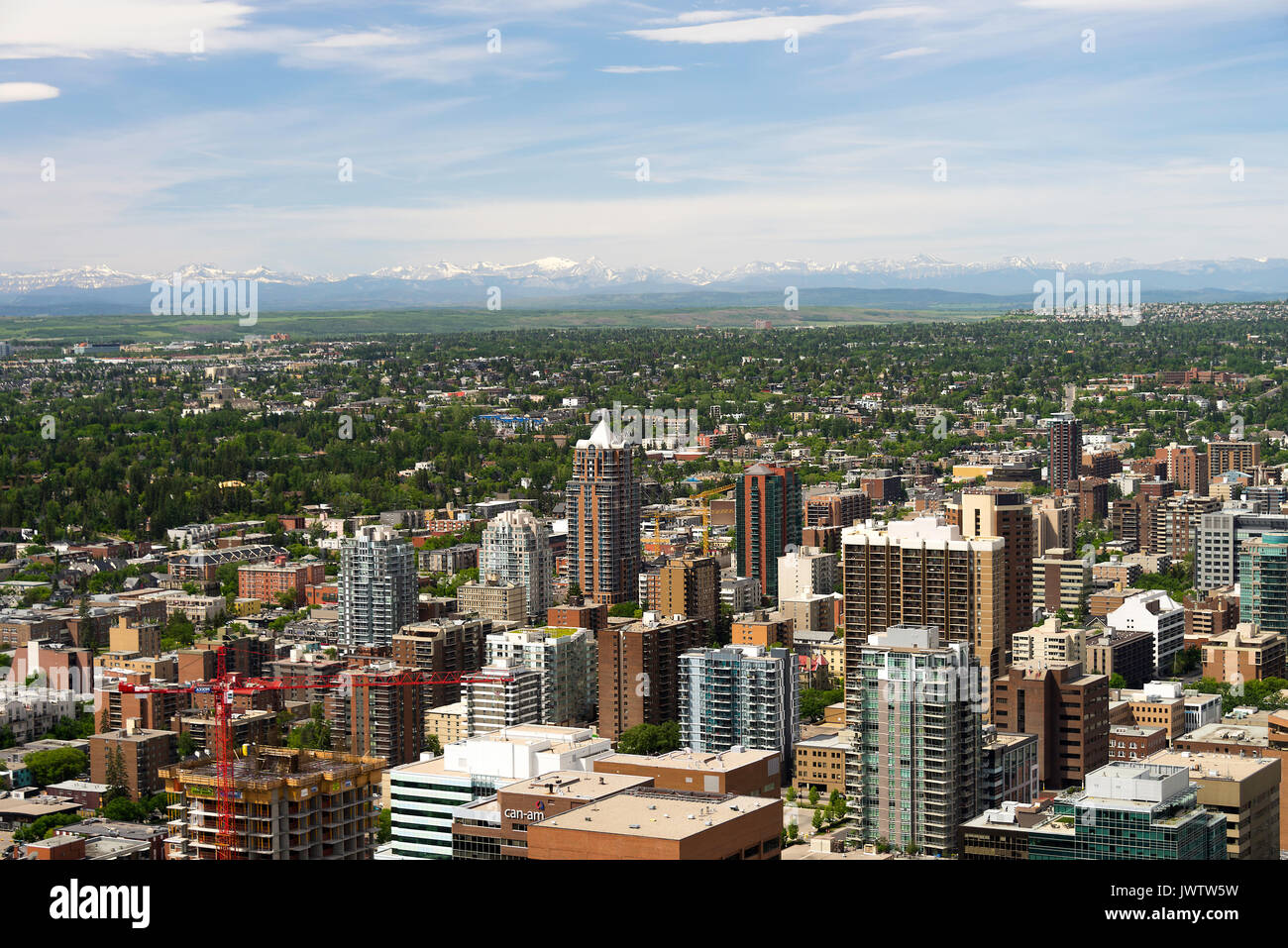 The Aerial View Of Part of Downtown Calgary Towards The Rocky Mountains From Calgary Tower Alberta Canada Stock Photo