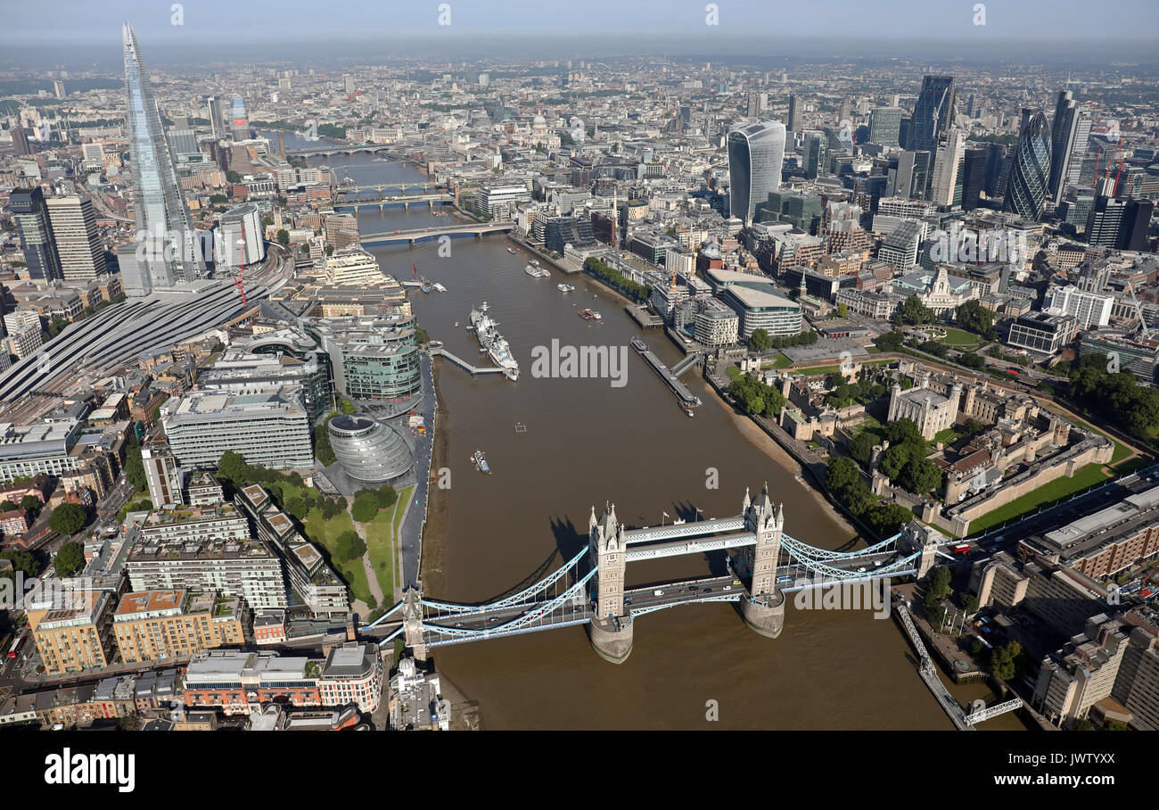 aerial view of Tower Bridge, Shard, Thames, & City of London skyline Stock Photo