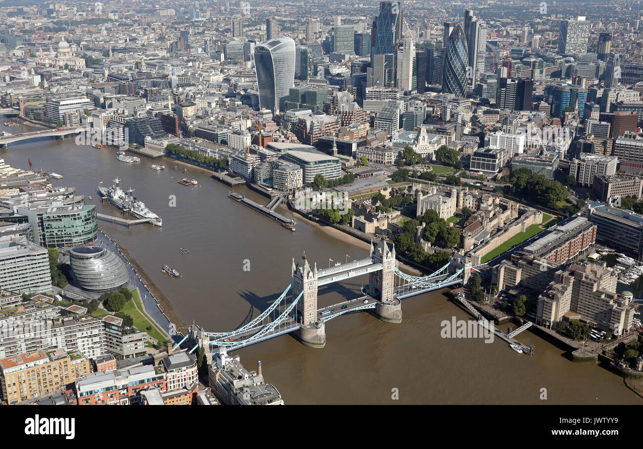 aerial view of Tower Bridge, Thames, & City of London Stock Photo