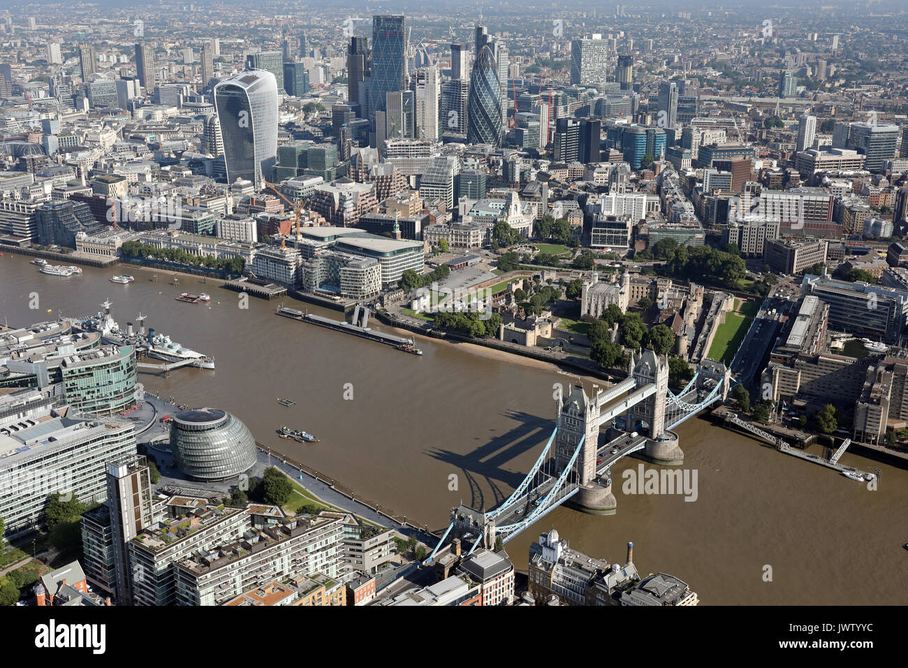 aerial view of Tower Bridge, Thames, & City of London Stock Photo