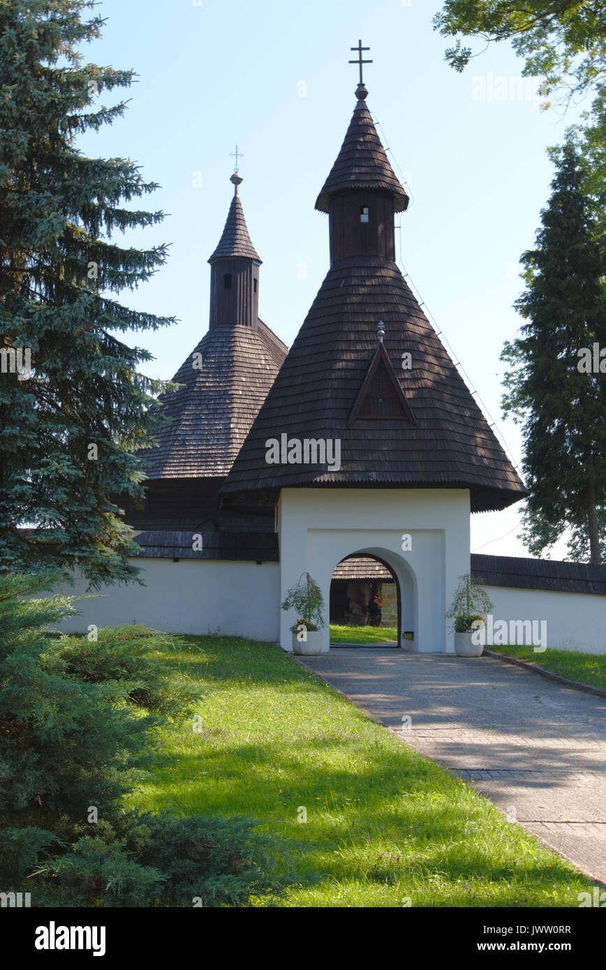 Entrance to the wooden Church of All Saints in Tvrdosin (Slovakia) Stock Photo