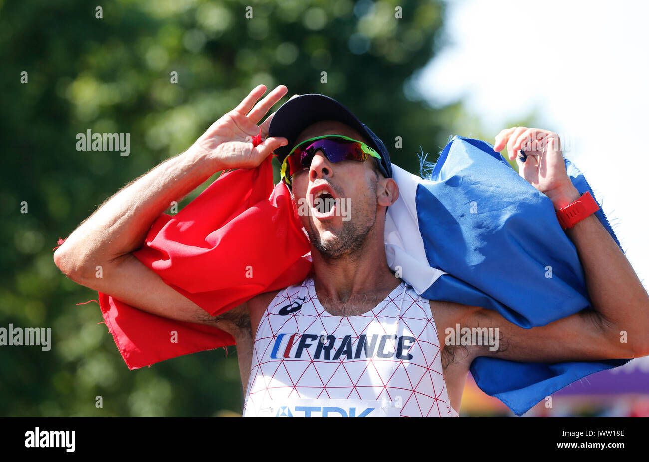 London, UK. 13th Aug, 2017. Yohann Diniz of France celebrates after the men's 50km race walk on Day 10 at the IAAF World Championships 2017 in London, Britain on Aug. 13, 2017. Credit: Han Yan/Xinhua/Alamy Live News Stock Photo