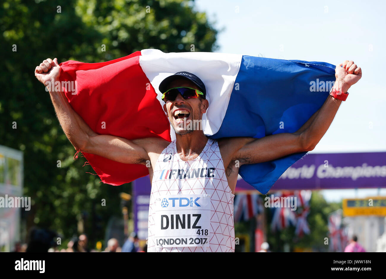 London, UK. 13th Aug, 2017. Yohann Diniz of France celebrates after the men's 50km race walk on Day 10 at the IAAF World Championships 2017 in London, Britain on Aug. 13, 2017. Credit: Han Yan/Xinhua/Alamy Live News Stock Photo