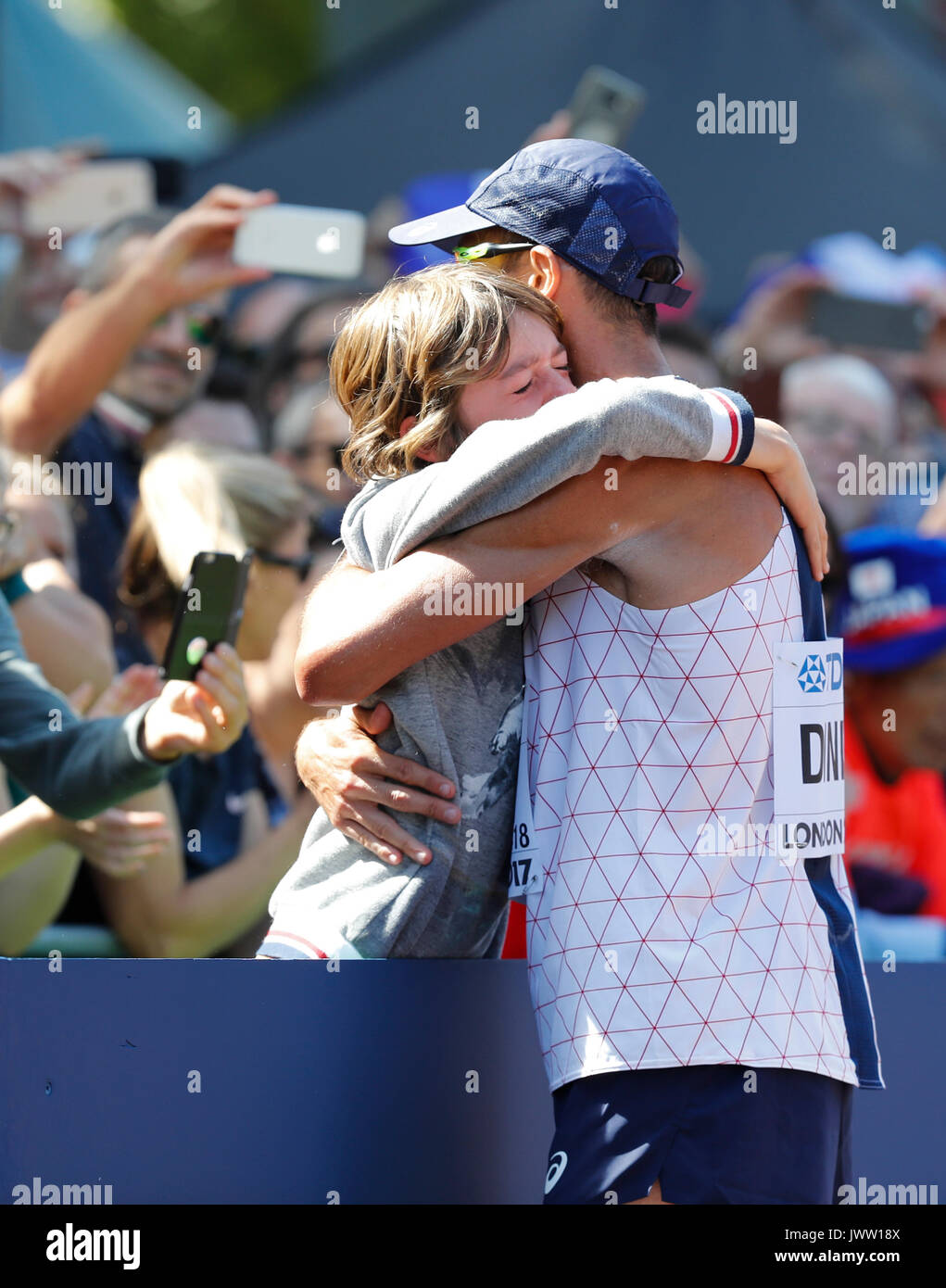 London, UK. 13th Aug, 2017. Yohann Diniz (R) of France celebrates after the men's 50km race walk on Day 10 at the IAAF World Championships 2017 in London, Britain on Aug. 13, 2017. Credit: Han Yan/Xinhua/Alamy Live News Stock Photo