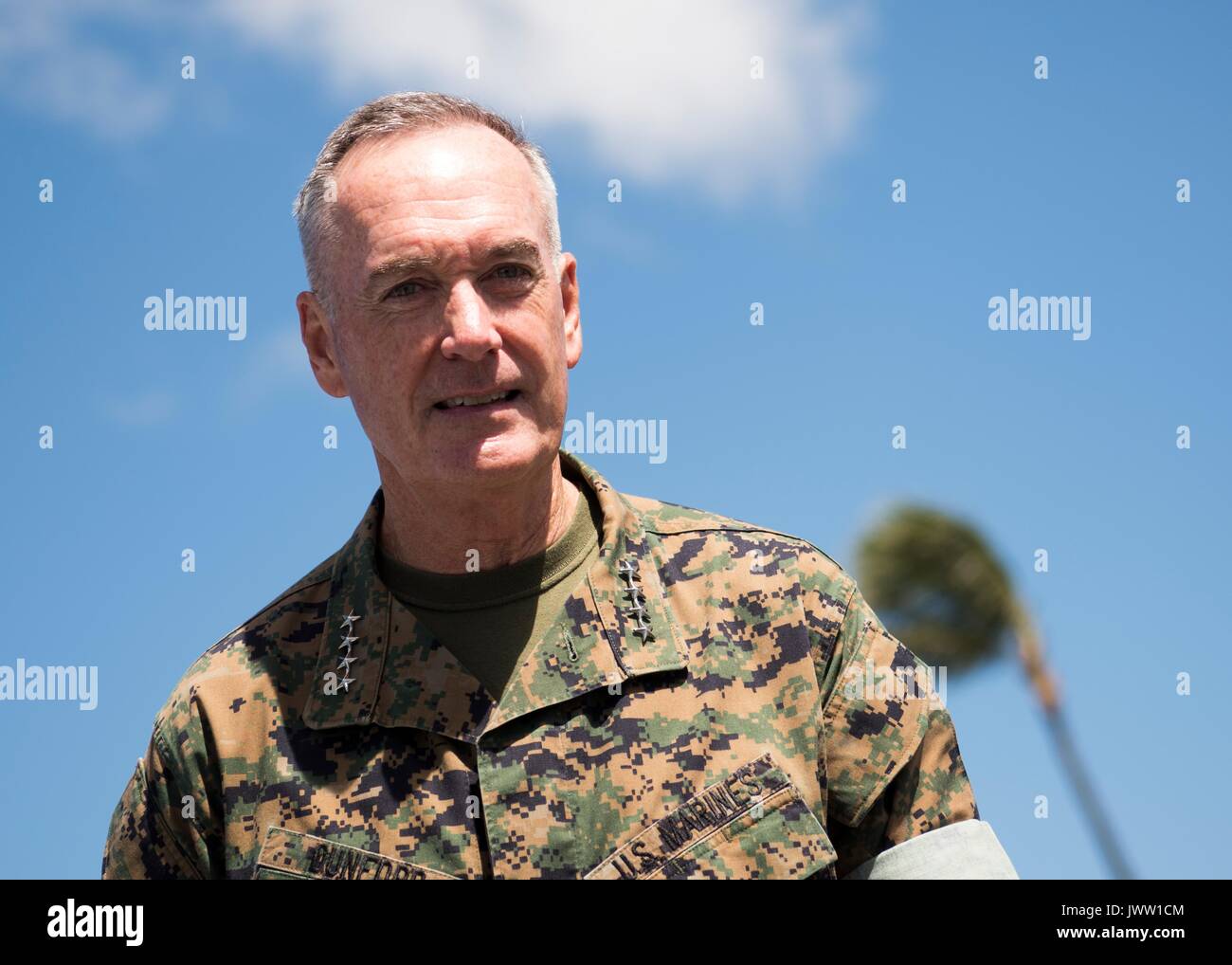 U.S. Chairman of the Joint Chiefs Gen. Joseph Dunford before boarding his aircraft at PACOM Headquarters Joint Base Pearl Harbor-Hickam August 12, 2017 in Honolulu, Hawaii. Dunford is meeting military leaders in the Asia-Pacific region as tensions rise with North Korea over nuclear and ballistic missiles tests. Stock Photo