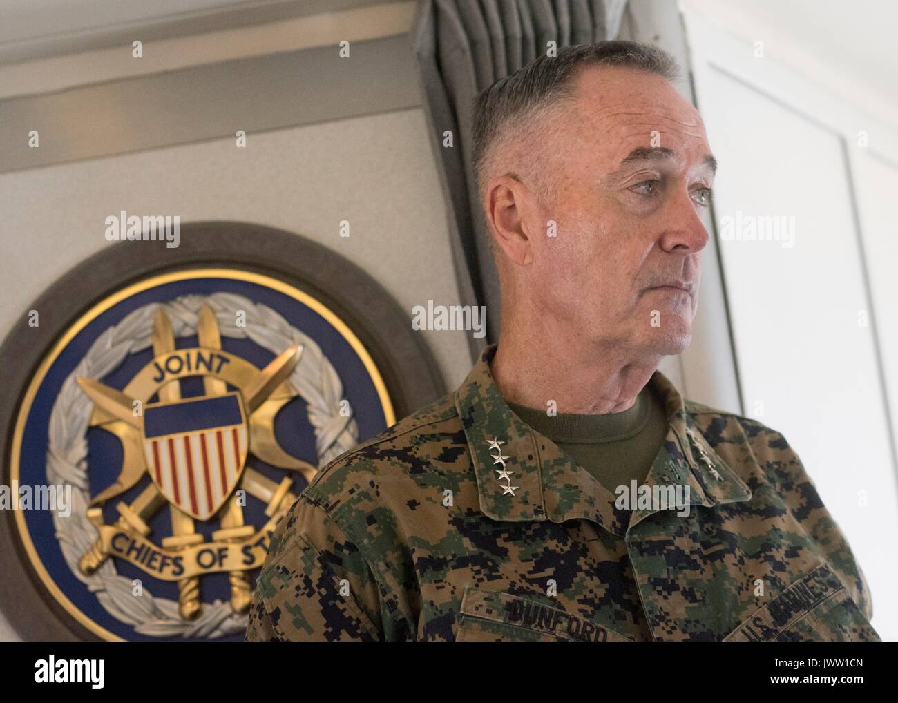 U.S. Chairman of the Joint Chiefs Gen. Joseph Dunford after boarding his aircraft at PACOM Headquarters Joint Base Pearl Harbor-Hickam August 12, 2017 in Honolulu, Hawaii. Dunford is meeting military leaders in the Asia-Pacific region as tensions rise with North Korea over nuclear and ballistic missiles tests. Stock Photo