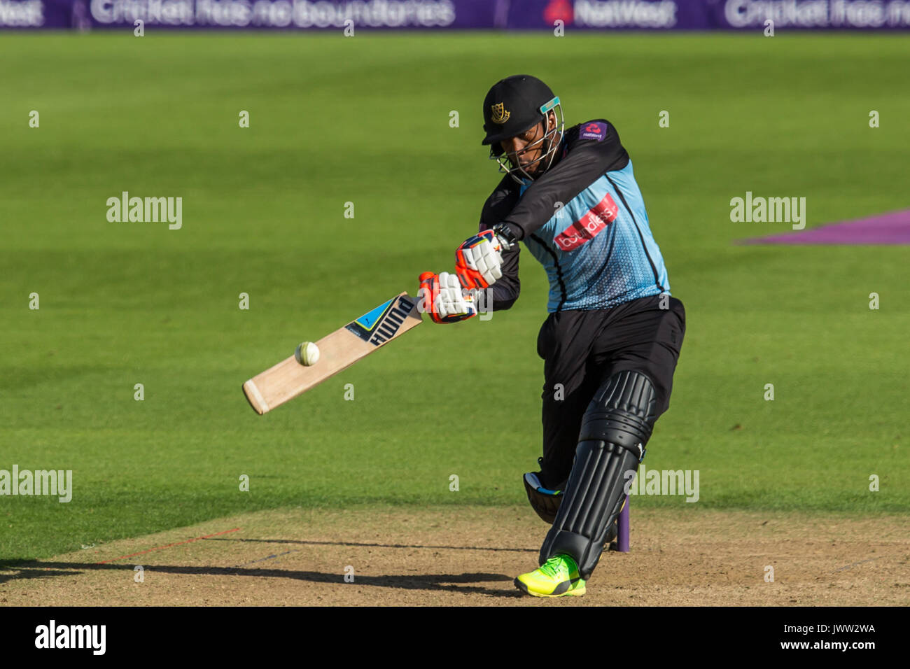 London, UK.13 August 2017. Chris Jordan smashes a six batting for Sussex  Sharks against Surrey in the NatWest T20 Blast match at the Kia Oval. David  Rowe/Alamy Live News Stock Photo -