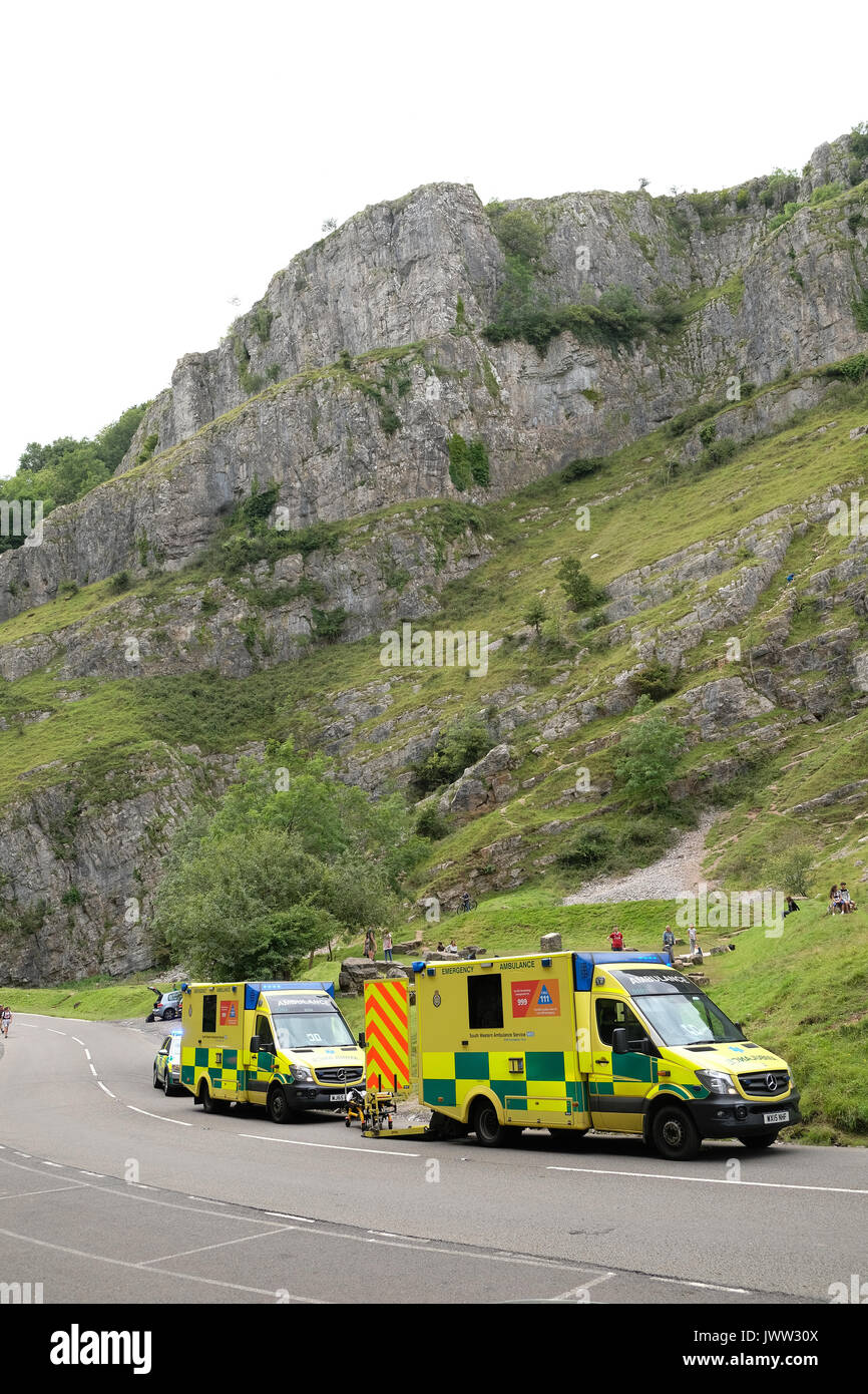 Cheddar Gorge, Somerset, UK. 13th August, 2017. Medical Ambulances attend an incident on Cheddar Gorge a popular tourist holiday location in Somerset, South West England - possibly someone falling off the rocky cliffs Credit: Timothy Large/Alamy Live News Stock Photo