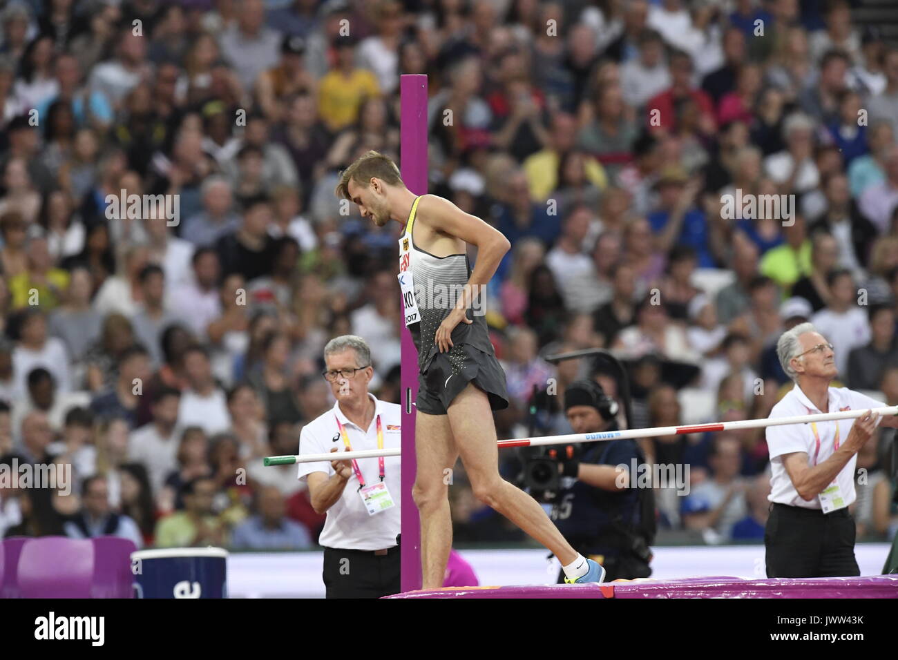 London, UK. 13th Aug, 2017. Germany's Mateusz Przybylko leaves the mat after his failed attempt at high jump at the IAAF London 2017 World Athletics Championships in London, United Kingdom, 13 August 2017. Photo: Rainer Jensen/dpa/Alamy Live News Stock Photo