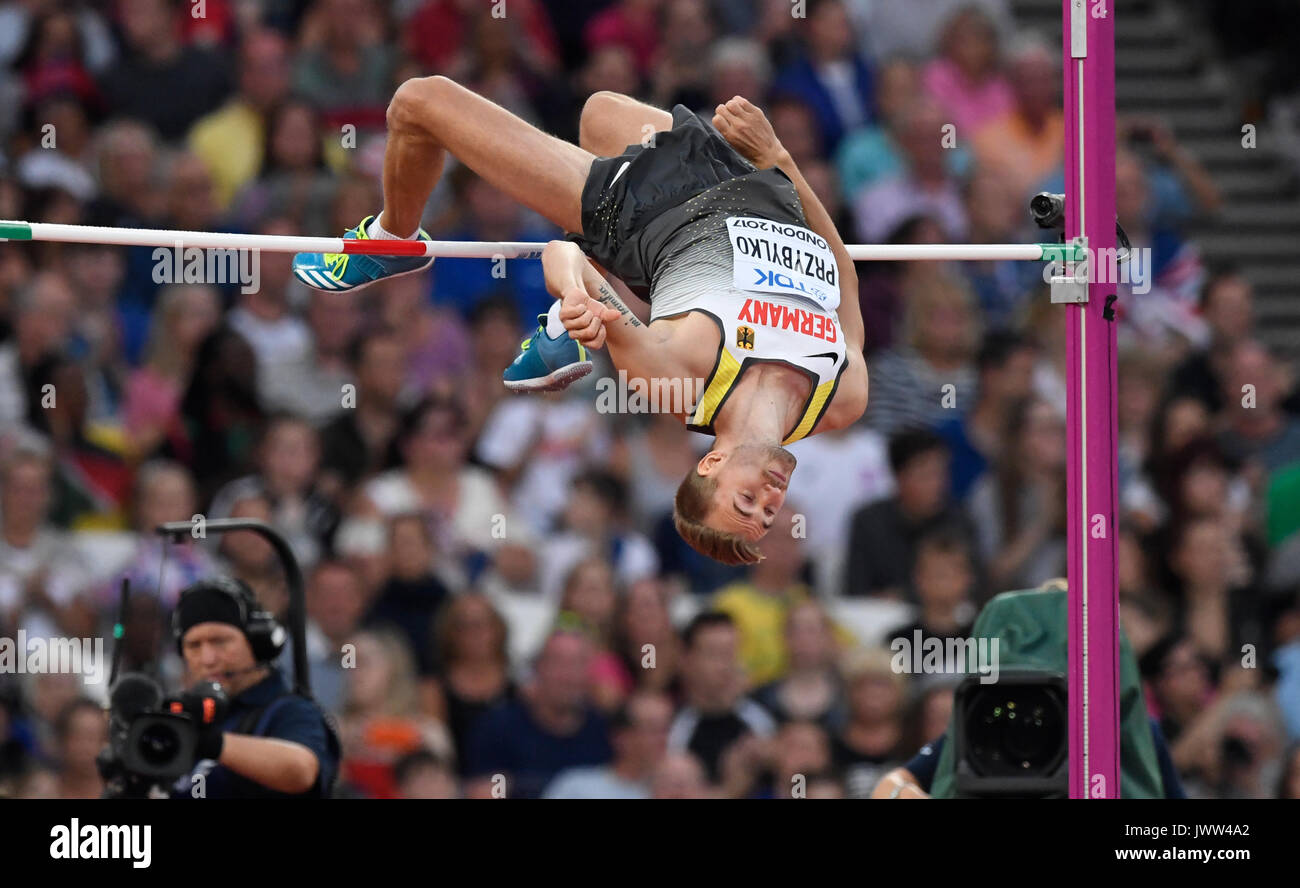 London, UK. 13th Aug, 2017. Germany's Mateusz Przybylko in action during an attempt in the high jump at the IAAF London 2017 World Athletics Championships in London, United Kingdom, 13 August 2017. Photo: Rainer Jensen/dpa/Alamy Live News Stock Photo