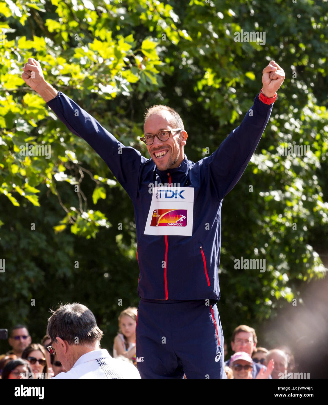 London, UK. 13th August, 2017. Yohann Diniz receives gold at decoration ceremony, Race Walk at IAAF World Championships in London, UK on August 13, 2017. The race took place on The Mall, most picturesque street of London and attracted thousands spectators. Credit: Dominika Zarzycka/Alamy Live News Stock Photo