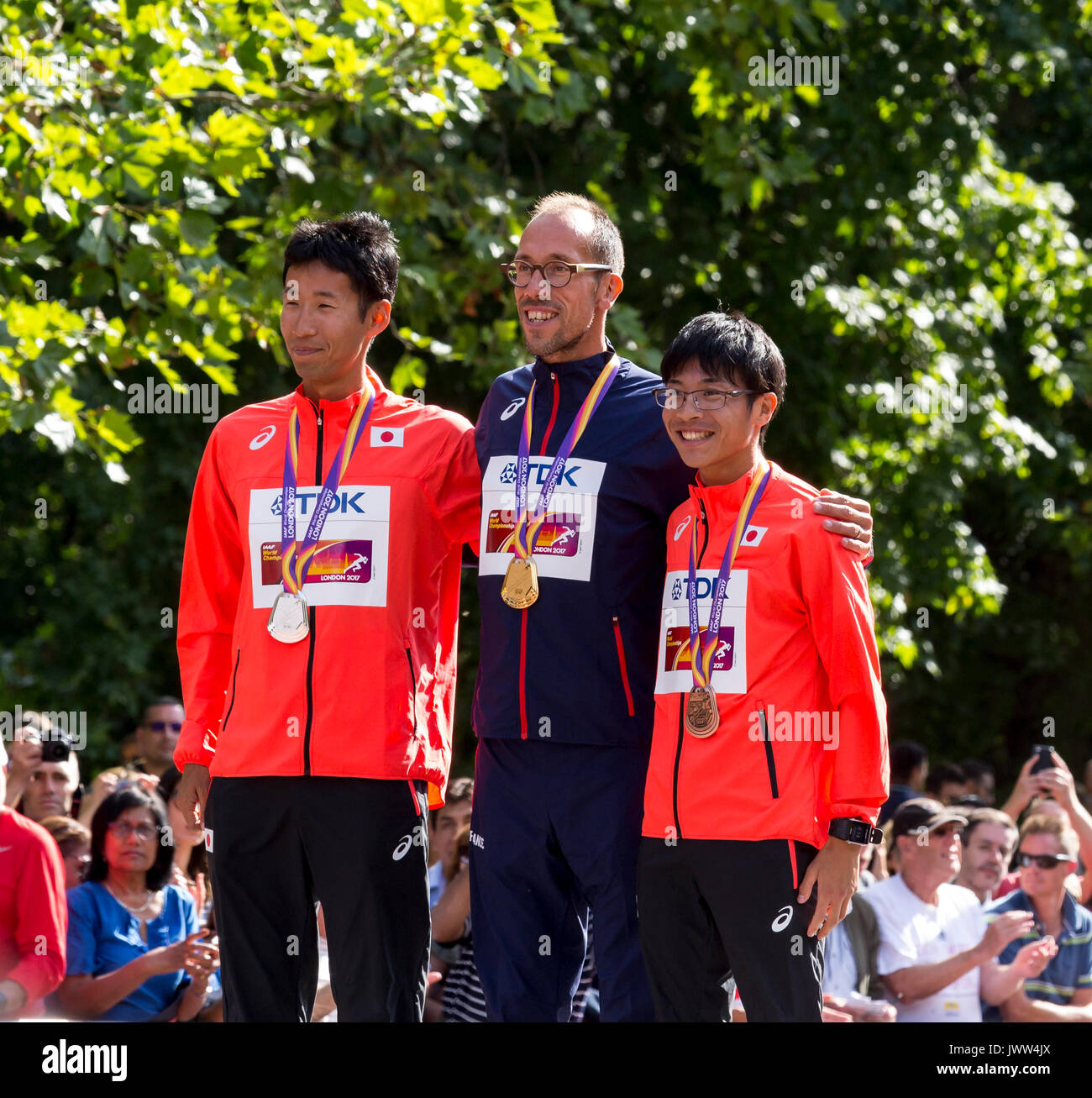 London, UK. 13th August, 2017. Hirooki Arai (silver),  Yohann Diniz (gold) and  Kai Kobayashi (bronze) at  decoration ceremony, Race Walk at IAAF World Championships in London, UK on August 13, 2017. The race took place on The Mall, most picturesque street of London and attracted thousands spectators. Credit: Dominika Zarzycka/Alamy Live News Stock Photo