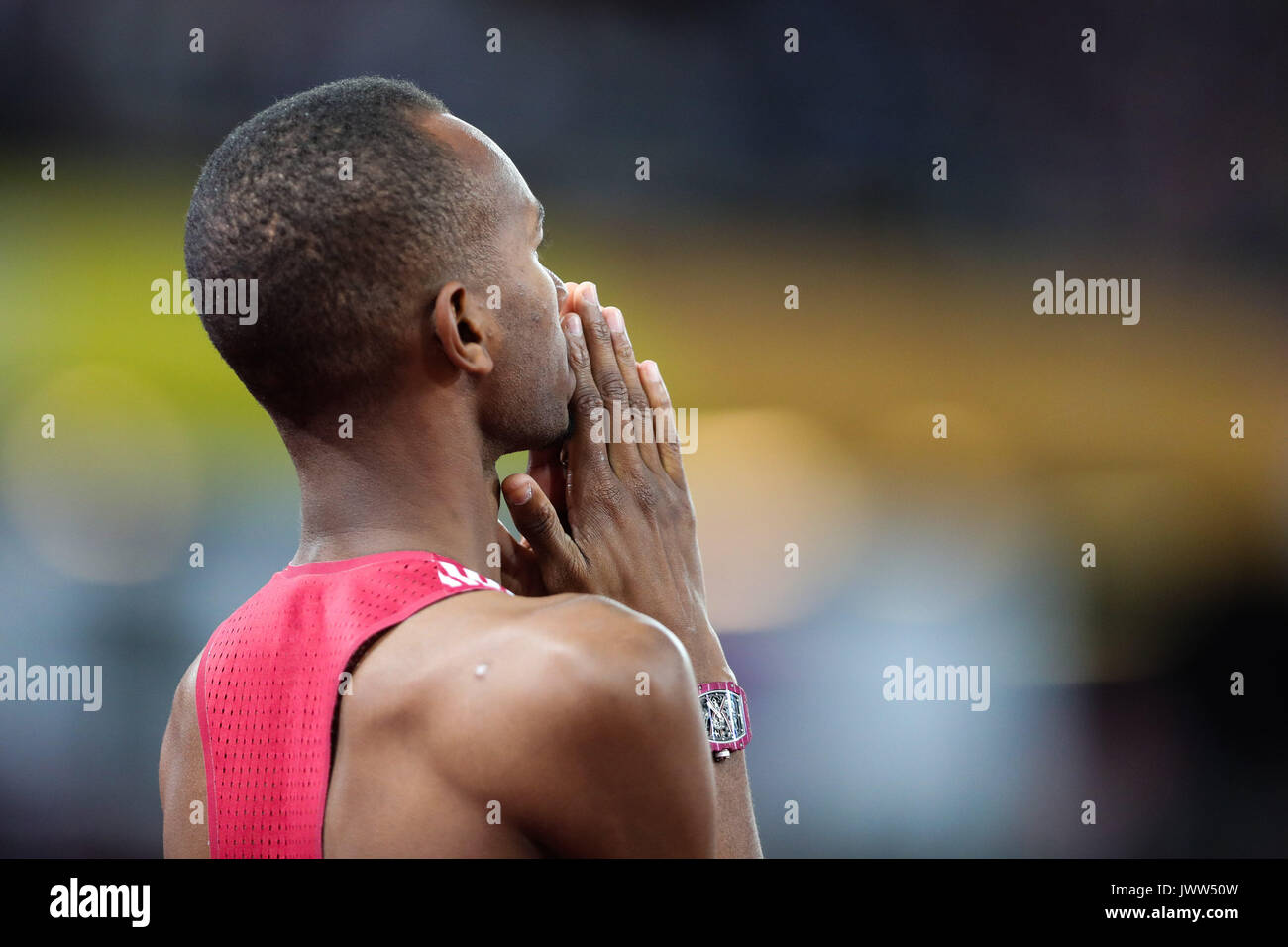 London, UK. 13th Aug, 2017.  Mutaz Essa Barshim, Qatar, closes in on gold in the men's high jump final on day ten of the IAAF London 2017 world Championships at the London Stadium. Credit: Paul Davey/Alamy Live News Stock Photo