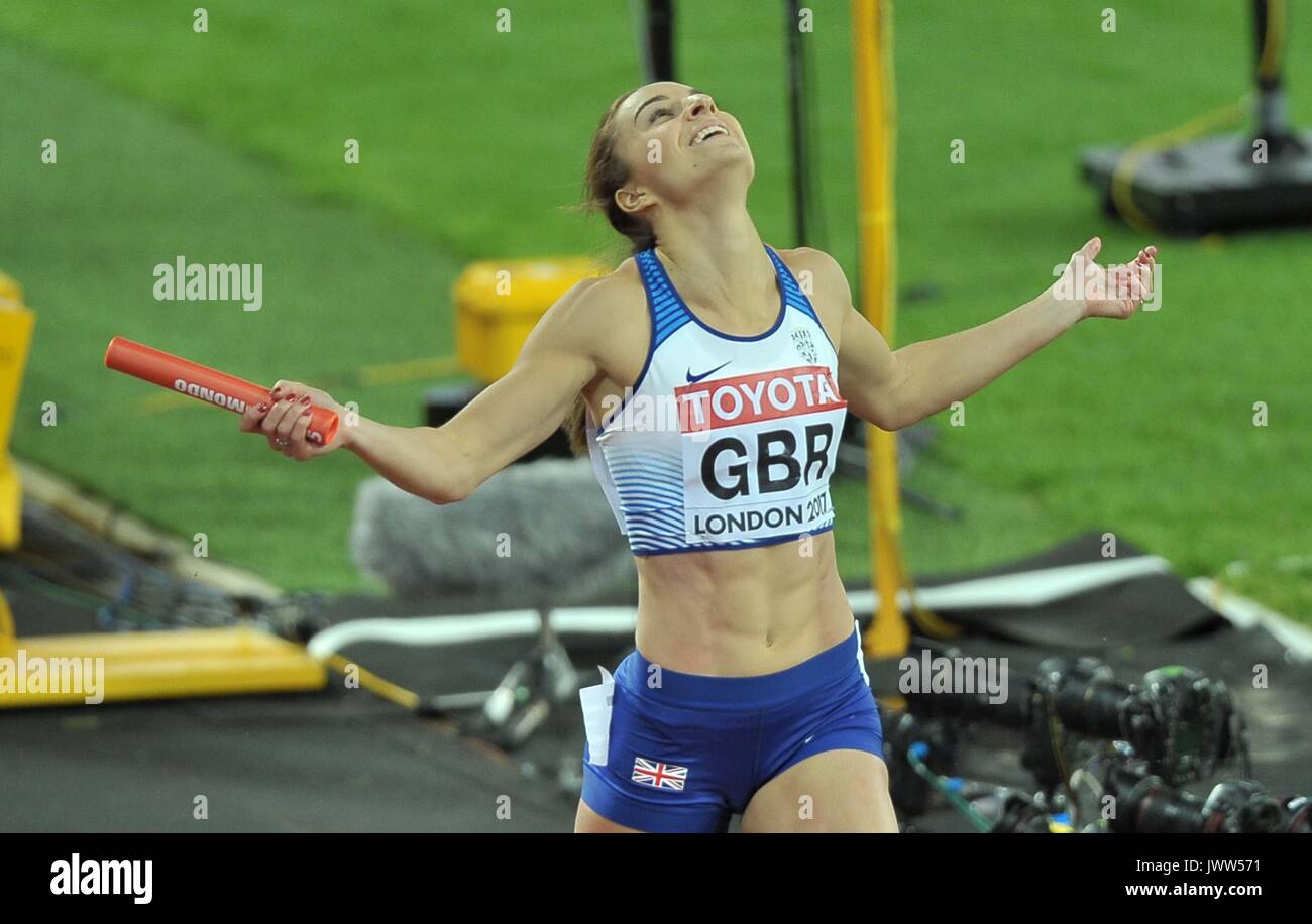 London, UK. 13th August, 2017. Emily Diamond (GBR) celebrates getting the silver medal in the womens 4 x 400m relay final. IAAF world athletics championships. London Olympic stadium. Queen Elizabeth Olympic park. Stratford. London. UK. 13/08/2017. Credit: Sport In Pictures/Alamy Live News Stock Photo