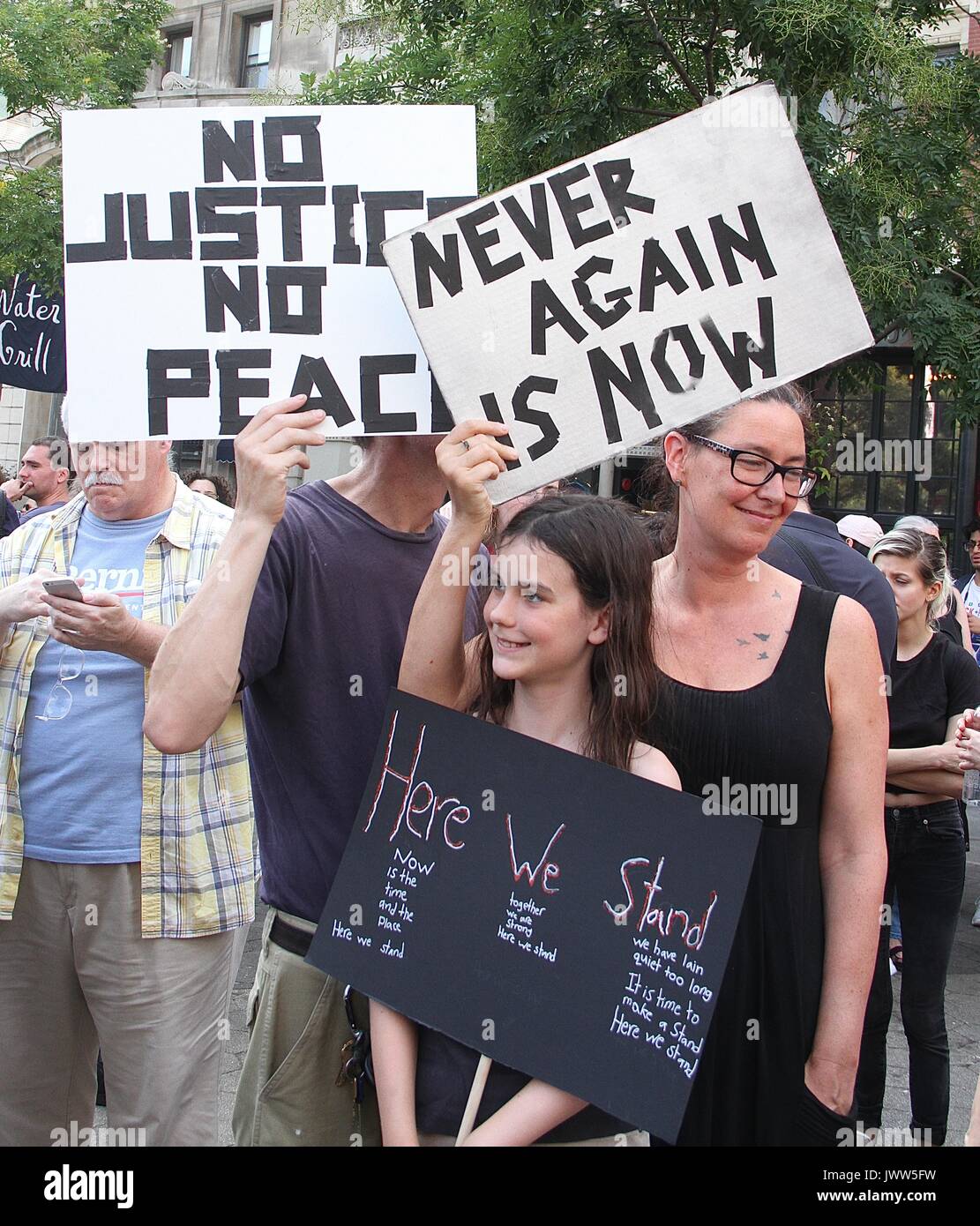 New York, NY, USA. 13th Aug, 2017. Rally, held in Union Square, in response to the Charlottesville, Virginia tragedy where during a White supremacist rally on the campus of the University of Virginia one person was killed and several injured when a car plowed into a group protesting the presence of the white supremacists in New York, New York on August 13, 2017. Credit: Rainmaker Photo/Media Punch/Alamy Live News Stock Photo
