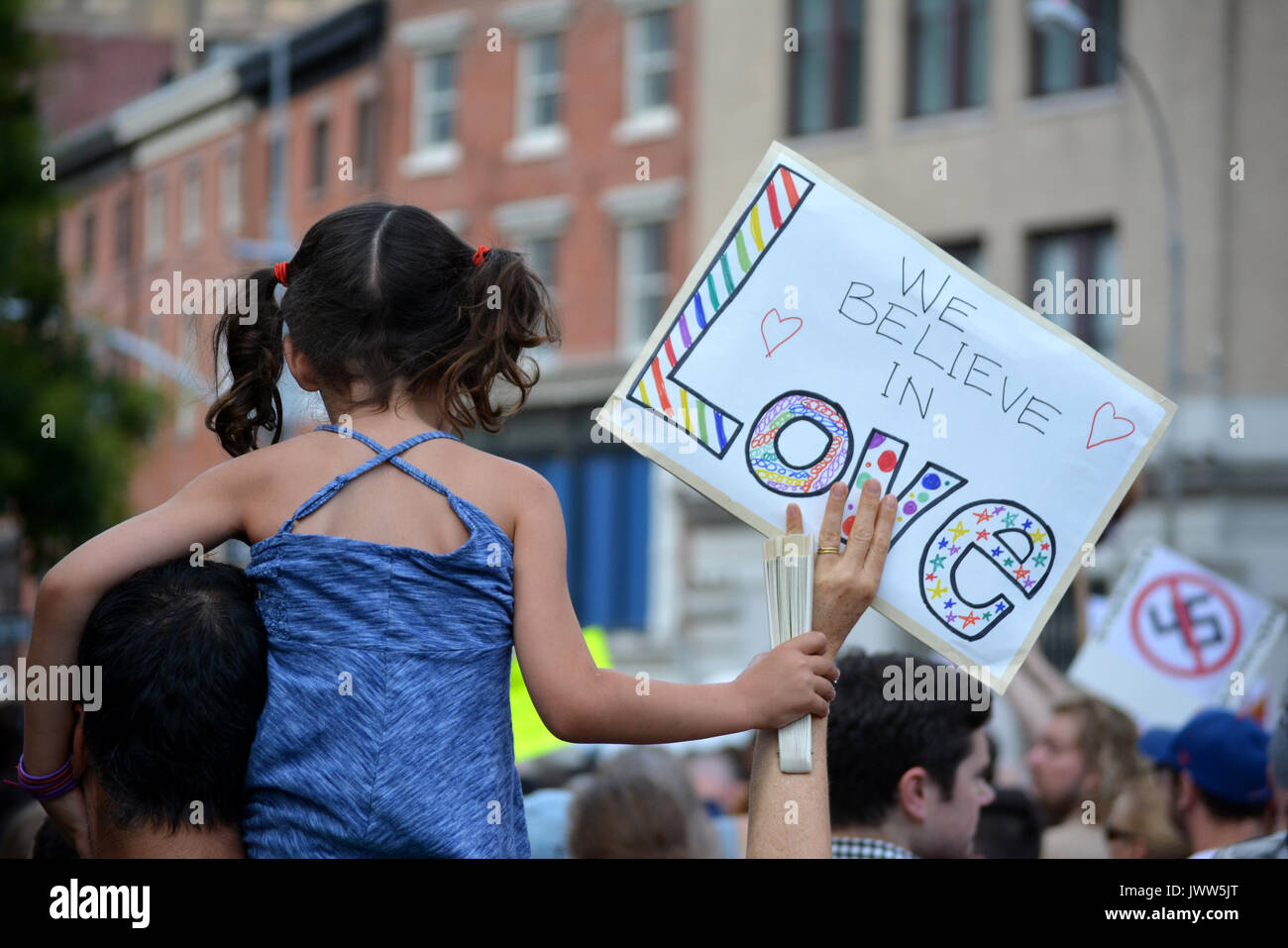 Charlottesville, USA. 13th Aug, 2017. People gathered in Union Square to denounce President Trump and the neo-nazi violence in Charlottesville, Virginia in New York City. Credit: Christopher Penler/Alamy Live News Stock Photo
