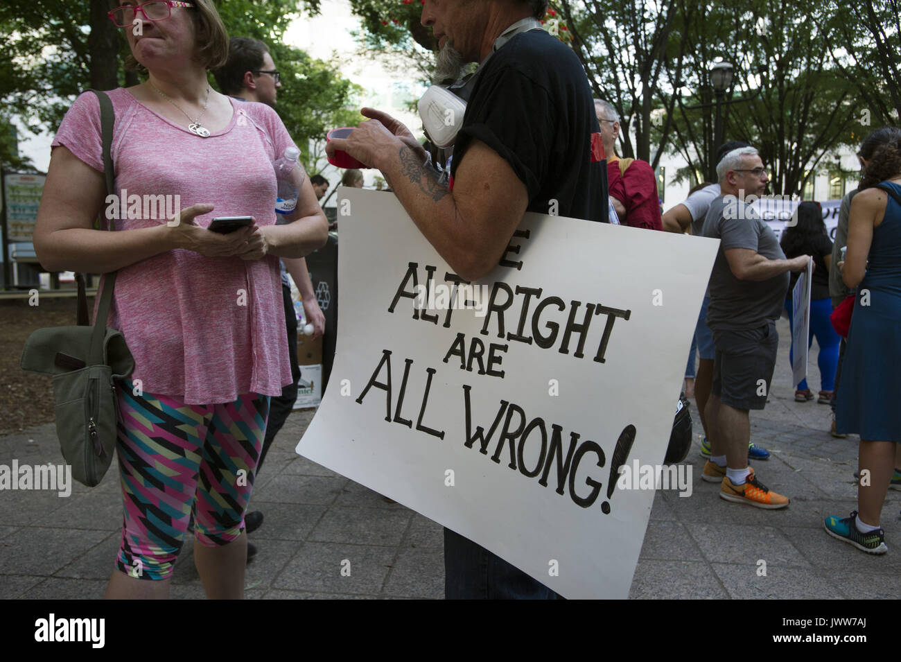 Atlanta, GA, USA. 13th Aug, 2017. Anti-Fascist protestors gather in downtown Atlanta and march along Peachtree Street, showing their support of those who demonstrated against white supremacist group in Charlottesville, VA. Rally organized by Antifa, an organization nationally that fights fascism.Pictured: Gathering of several hundred to demonstrate anger at Charlottesville VA tragedy. Credit: Robin Rayne Nelson/ZUMA Wire/Alamy Live News Stock Photo