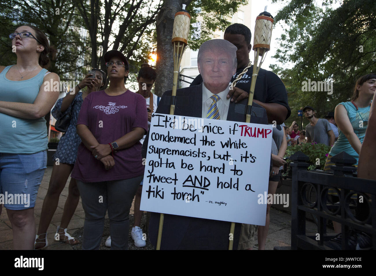 Atlanta, GA, USA. 13th Aug, 2017. Anti-Fascist protestors gather in downtown Atlanta and march along Peachtree Street, showing their support of those who demonstrated against white supremacist group in Charlottesville, VA. Rally organized by Antifa, an organization nationally that fights fascism.Pictured: Gathering of several hundred to demonstrate anger at Charlottesville VA tragedy. Credit: Robin Rayne Nelson/ZUMA Wire/Alamy Live News Stock Photo