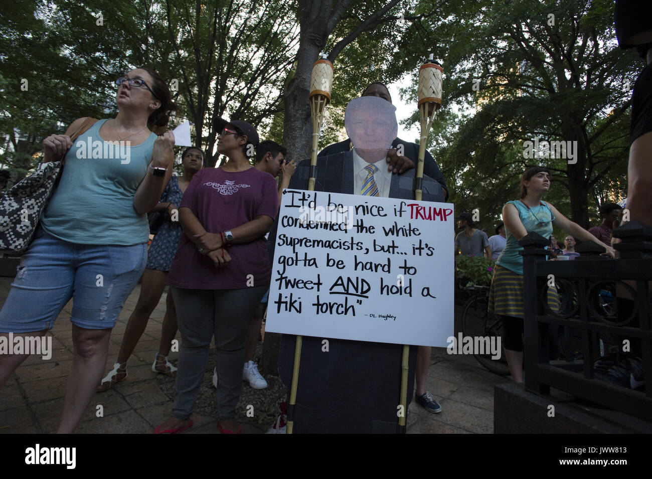 Atlanta, GA, USA. 13th Aug, 2017. Anti-Fascist protestors gather in downtown Atlanta and march along Peachtree Street, showing their support of those who demonstrated against white supremacist group in Charlottesville, VA. Rally organized by Antifa, an organization nationally that fights fascism.Pictured: Credit: Robin Rayne Nelson/ZUMA Wire/Alamy Live News Stock Photo