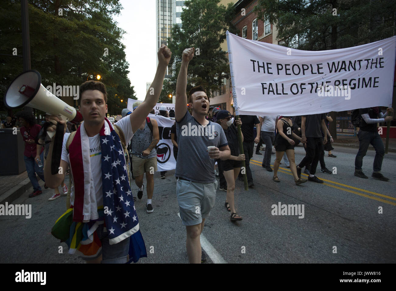 Atlanta, GA, USA. 13th Aug, 2017. Anti-Fascist protestors gather in downtown Atlanta and march along Peachtree Street, showing their support of those who demonstrated against white supremacist group in Charlottesville, VA. Rally organized by Antifa, an organization nationally that fights fascism.Pictured: Ã–March down Peachtree St Credit: Robin Rayne Nelson/ZUMA Wire/Alamy Live News Stock Photo