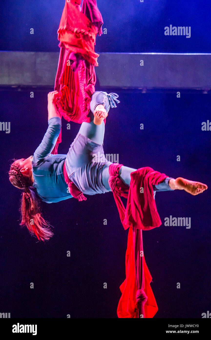 London, UK. 14th August, 2017. A double aerial rope display with aerialists Saara Ahola and Sarah Lett - Cirkus Cirkör perform the UK premiere of Limits at Southbank Centre's Royal Festival Hall. A Scandinavian contemporary circus company which combines energy with acrobatic artistry. The current show was conceived by Founder and Artistic Director Tilde Björfors as part of his trilogy exploring migration. London 14 Aug 2017. Credit: Guy Bell/Alamy Live News Stock Photo