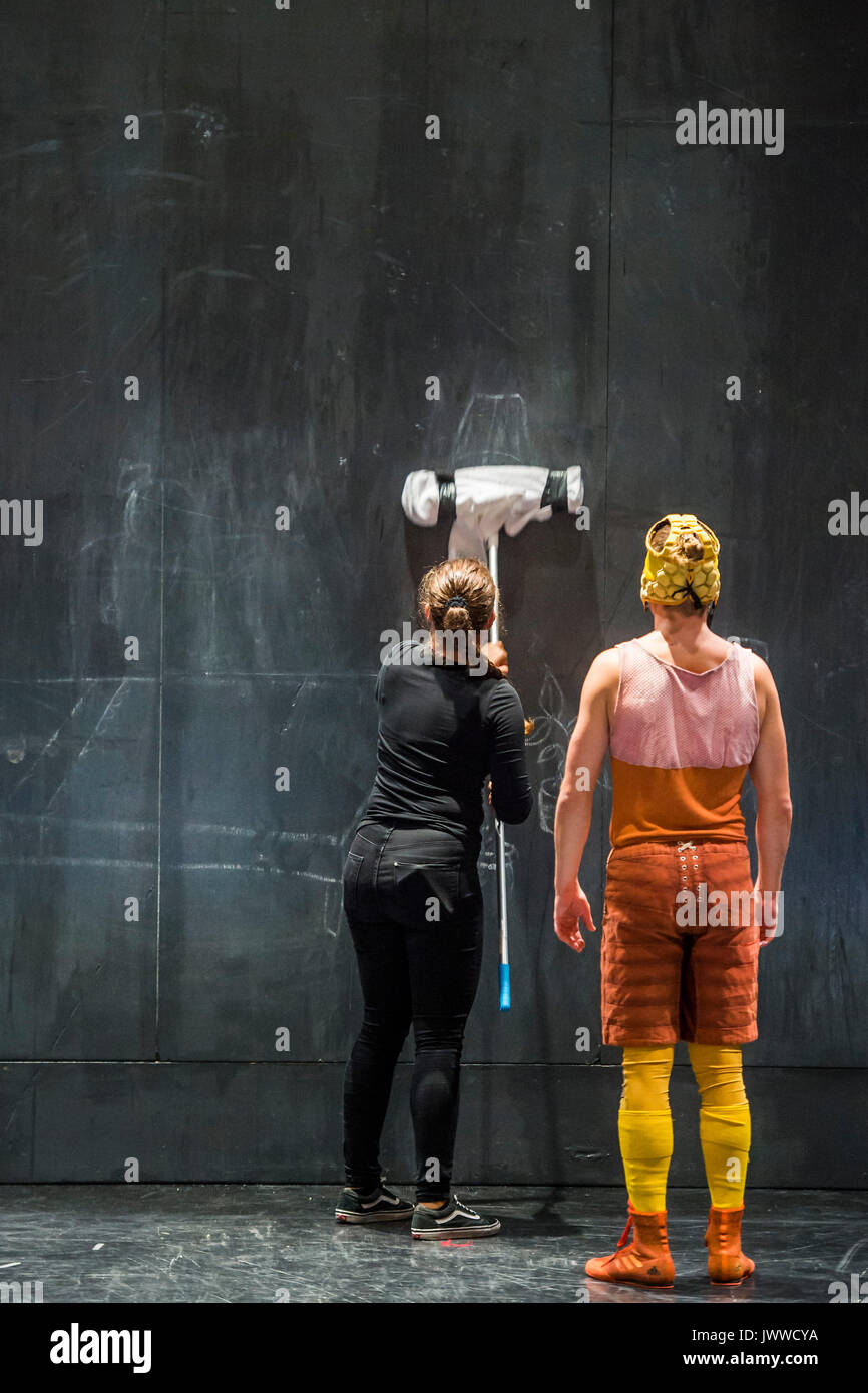 London, UK. 14th August, 2017. Preparing for the next act - Cirkus Cirkör perform the UK premiere of Limits at Southbank Centre's Royal Festival Hall. A Scandinavian contemporary circus company which combines energy with acrobatic artistry. The current show was conceived by Founder and Artistic Director Tilde Björfors as part of his trilogy exploring migration. London 14 Aug 2017. Credit: Guy Bell/Alamy Live News Stock Photo