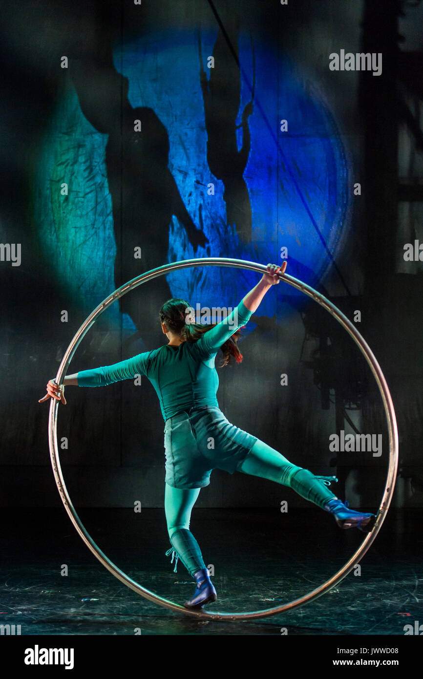London, UK. 14th August, 2017. A Cyr wheel display by Sarah Lett - Cirkus Cirkör perform the UK premiere of Limits at Southbank Centre's Royal Festival Hall. A Scandinavian contemporary circus company which combines energy with acrobatic artistry. The current show was conceived by Founder and Artistic Director Tilde Björfors as part of his trilogy exploring migration. London 14 Aug 2017. Credit: Guy Bell/Alamy Live News Stock Photo
