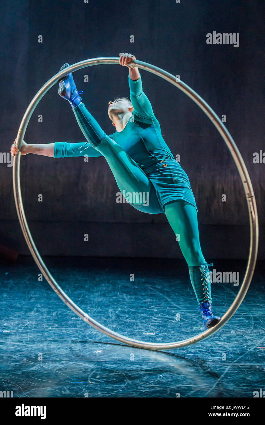 London, UK. 14th August, 2017. A Cyr wheel display by Sarah Lett - Cirkus Cirkör perform the UK premiere of Limits at Southbank Centre's Royal Festival Hall. A Scandinavian contemporary circus company which combines energy with acrobatic artistry. The current show was conceived by Founder and Artistic Director Tilde Björfors as part of his trilogy exploring migration. London 14 Aug 2017. Credit: Guy Bell/Alamy Live News Stock Photo