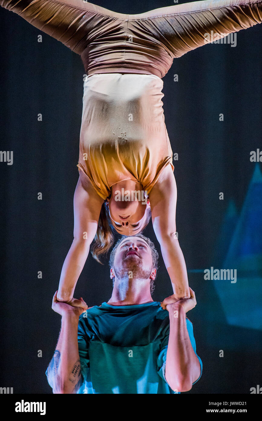 London, UK. 14th August, 2017. Hand to hand acrobatics by Saara Ahola and Peter Åberg - Cirkus Cirkör perform the UK premiere of Limits at Southbank Centre's Royal Festival Hall. A Scandinavian contemporary circus company which combines energy with acrobatic artistry. The current show was conceived by Founder and Artistic Director Tilde Björfors as part of his trilogy exploring migration. London 14 Aug 2017. Credit: Guy Bell/Alamy Live News Stock Photo