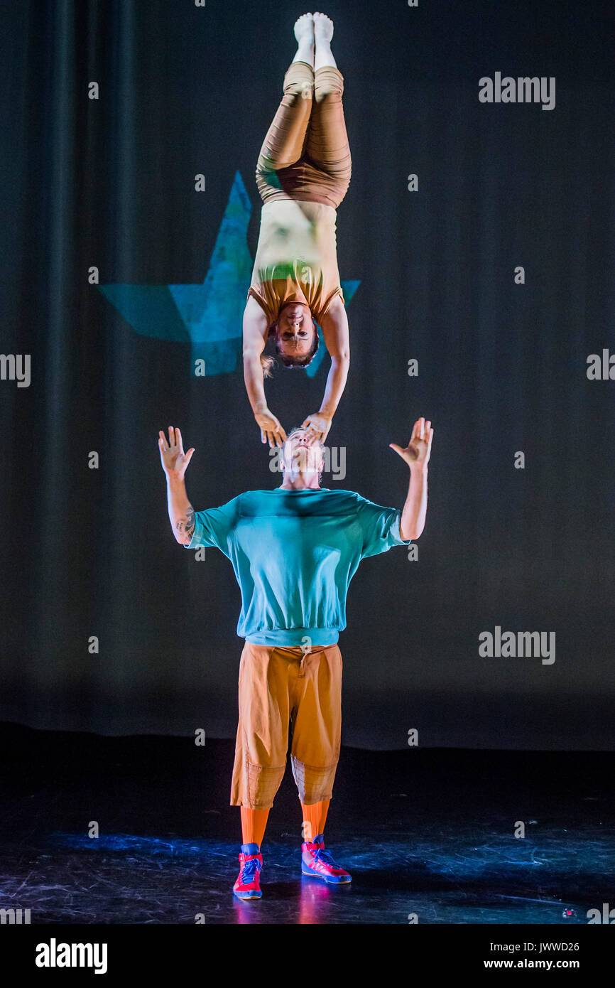 London, UK. 14th August, 2017. Hand to hand acrobatics by Saara Ahola and Peter Åberg - Cirkus Cirkör perform the UK premiere of Limits at Southbank Centre's Royal Festival Hall. A Scandinavian contemporary circus company which combines energy with acrobatic artistry. The current show was conceived by Founder and Artistic Director Tilde Björfors as part of his trilogy exploring migration. London 14 Aug 2017. Credit: Guy Bell/Alamy Live News Stock Photo